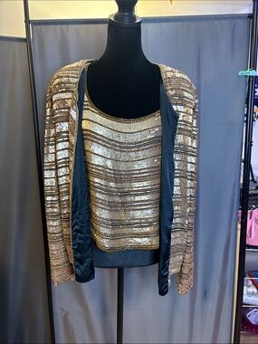 Sequined Gold & Black Striped Women's Sweater Shell Set